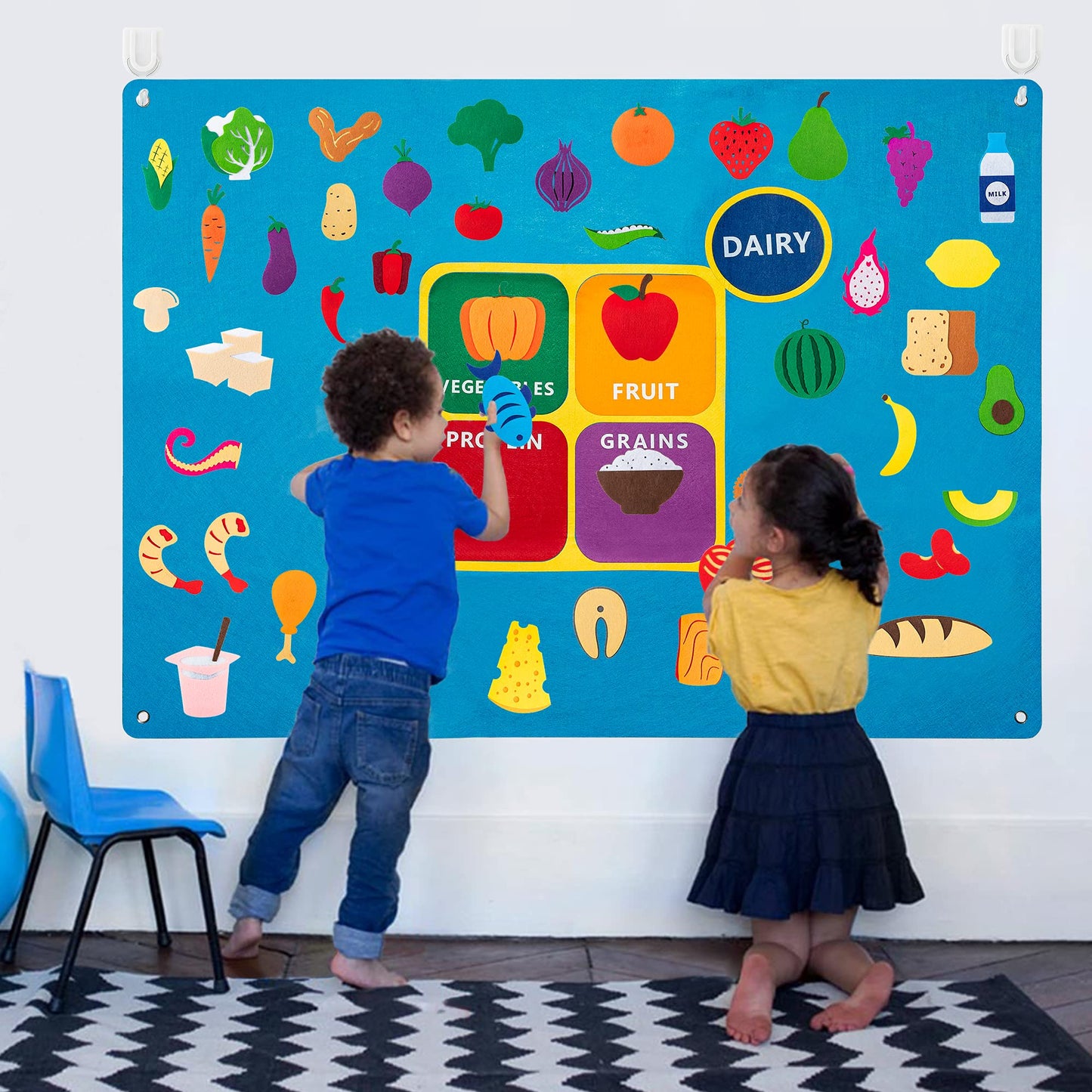 WATINC My Plate Felt Board - 53Pcs Healthy Eating Set, Large Blue Flannel Board for Kids, Preschool Educational Toy