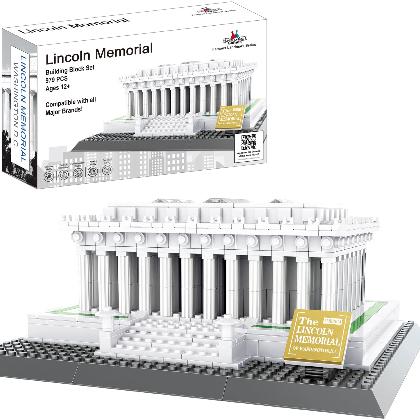 Apostrophe Games Lincoln Memorial Building Block Set (979 Pieces) Washington D.C. Lincoln Memorial Famous Landmark Series - Arch