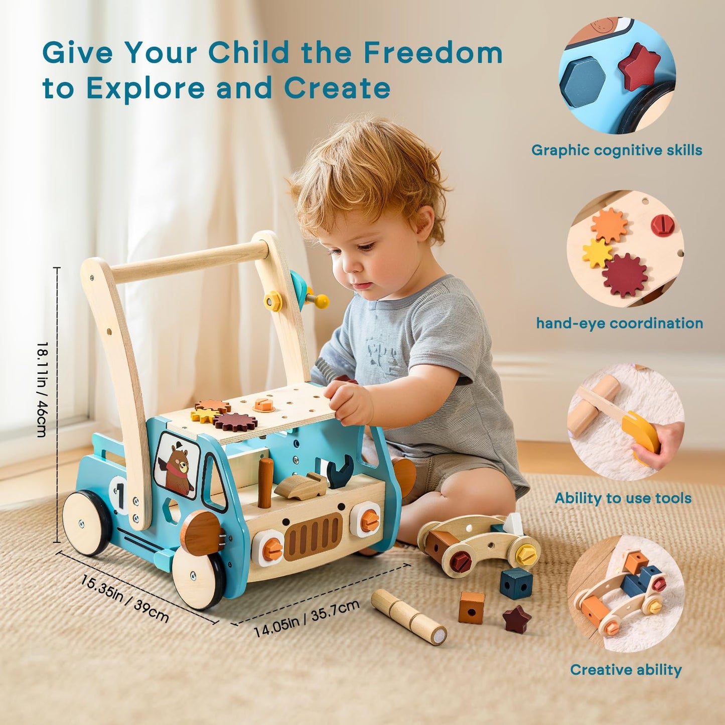 OESSUF 2-in-1 Wooden Baby Walker with 40 PCS Tool Toys - Baby Push Walker for 6-12 Months, Activity Center for Toddlers Aged 1-3