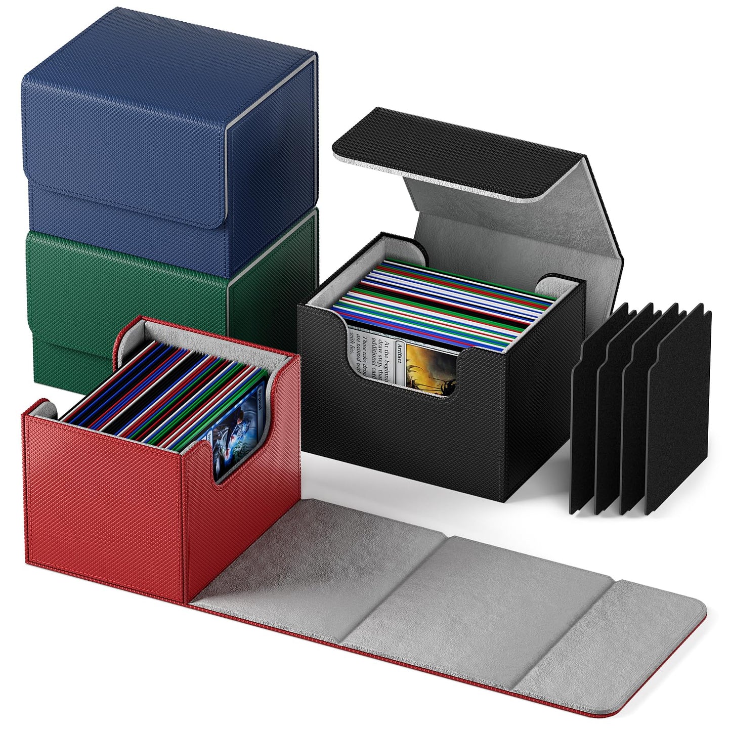 Tioplior Card Deck Box Fit For Mtg Deck Box With Black Card Dividers, 4 Pack Horizontal Leather Deck Card Box For Tcg Magic Commander Trading Card Deck Box Card Storage Box