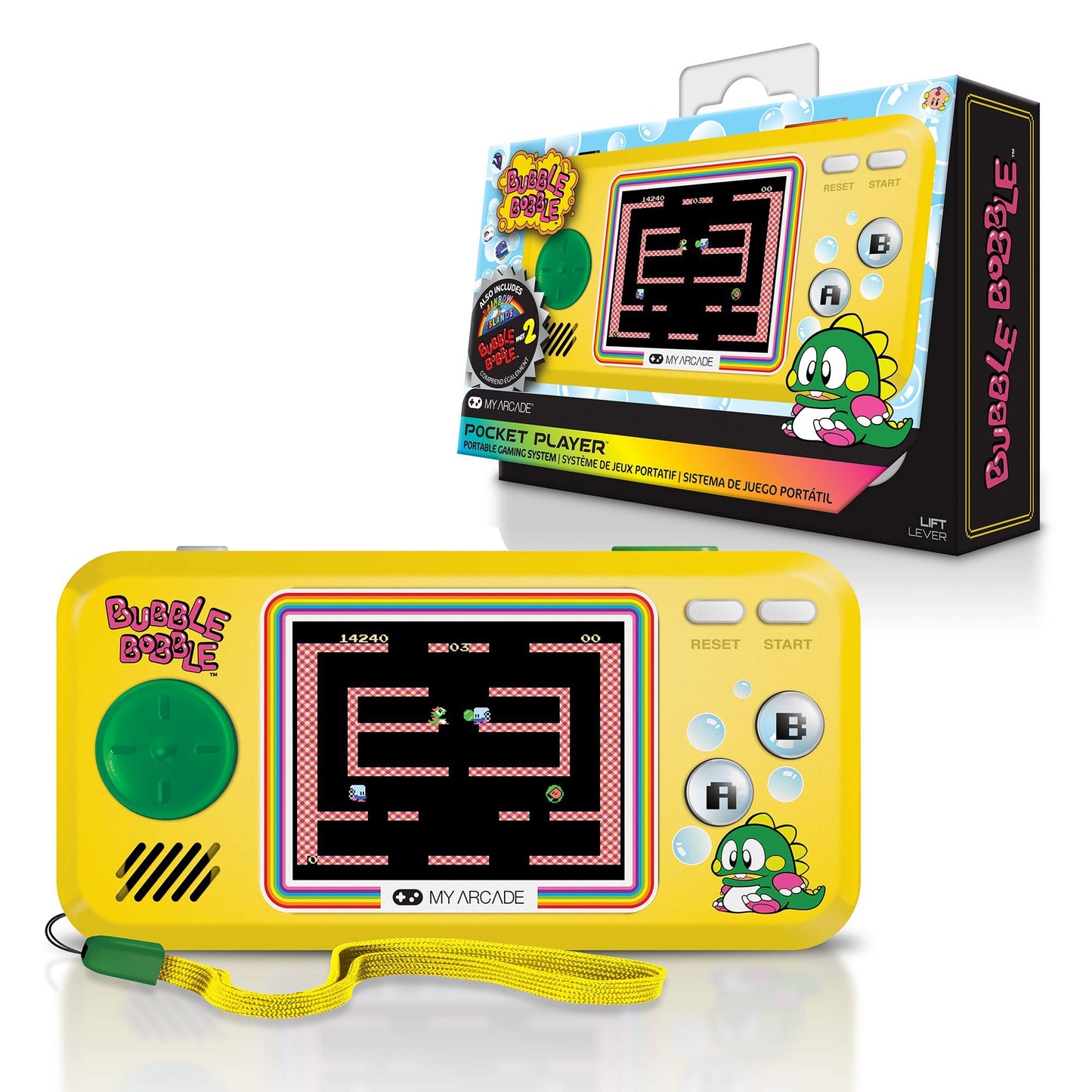 My Arcade Pocket Player Handheld Game Console - 3 Built-in Games, Small, Yellow, Model DGUNL-3248, Full Color Display, Speaker, Headphone Jack