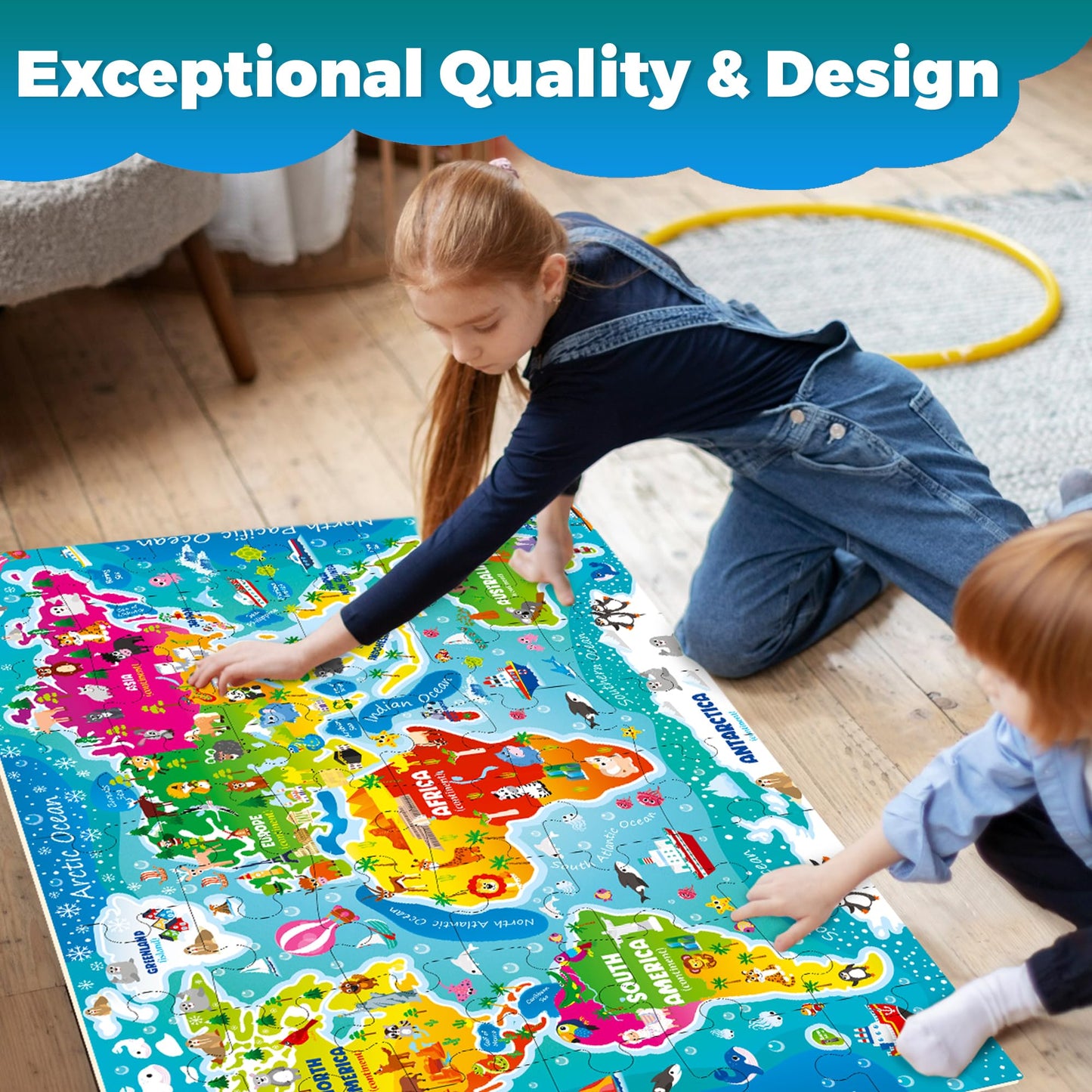 QUOKKA Giant Floor Puzzle for Kids Ages 4-6 - 2x3 Feet Extra-Thick 48 Pieces Toddler Puzzle Ages 3-5 - World Map Educational Activity for Boys Girls - enhanced Box with Sturdy Handle & Magnetic Closure