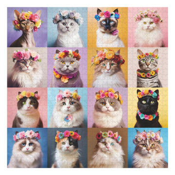 Cat Puzzles for Adults 1000 Pieces, Colorful Flower Crowns Cute Animal Puzzles, Funny Kitty Kitten Jigsaw Puzzle as Cat Wall Dec