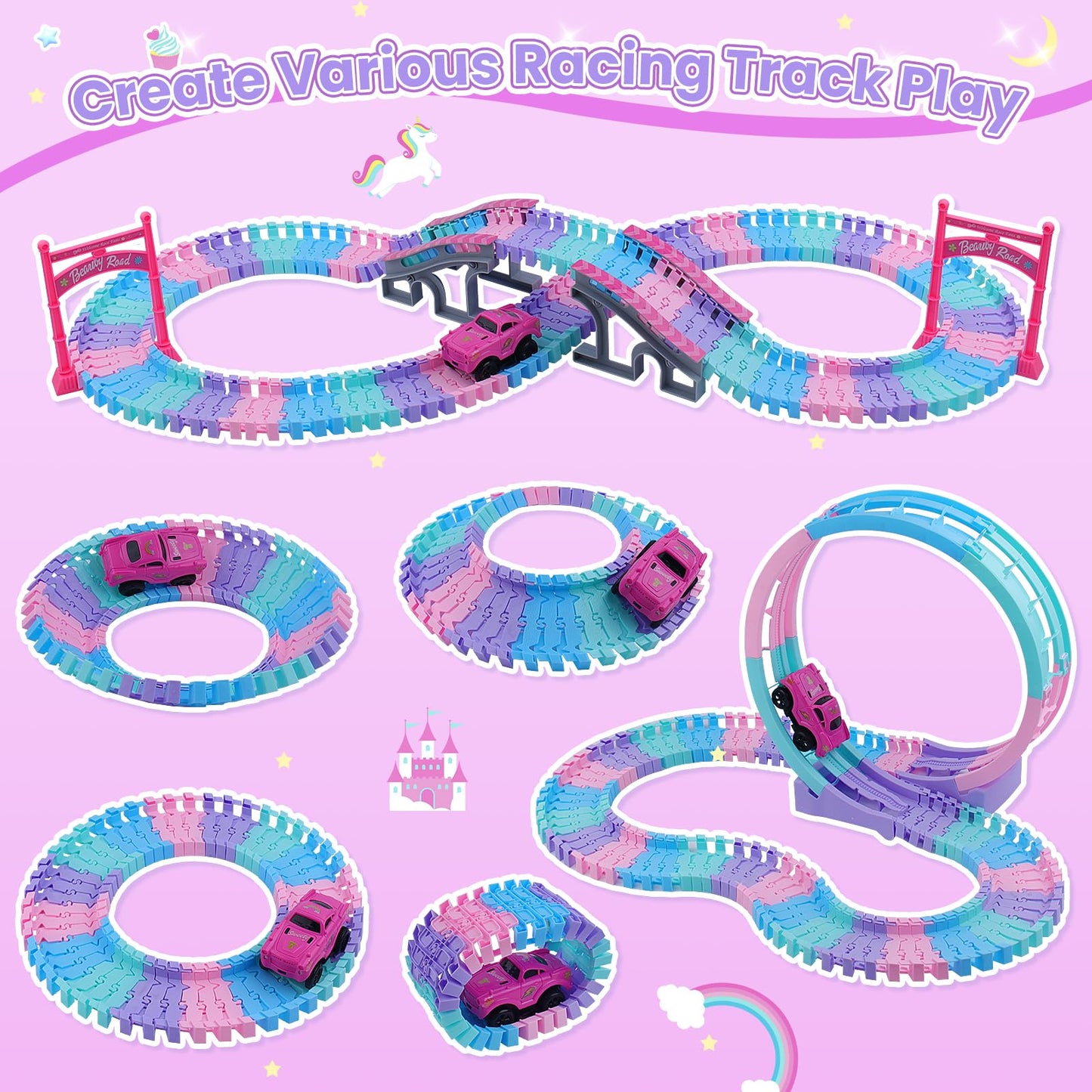 Track Set Magic Toy Car for Kids, 144Pcs Flexible Race Car Tracks with 360 Loop Slope Ramp, Glow in The Dark Car, Construction T