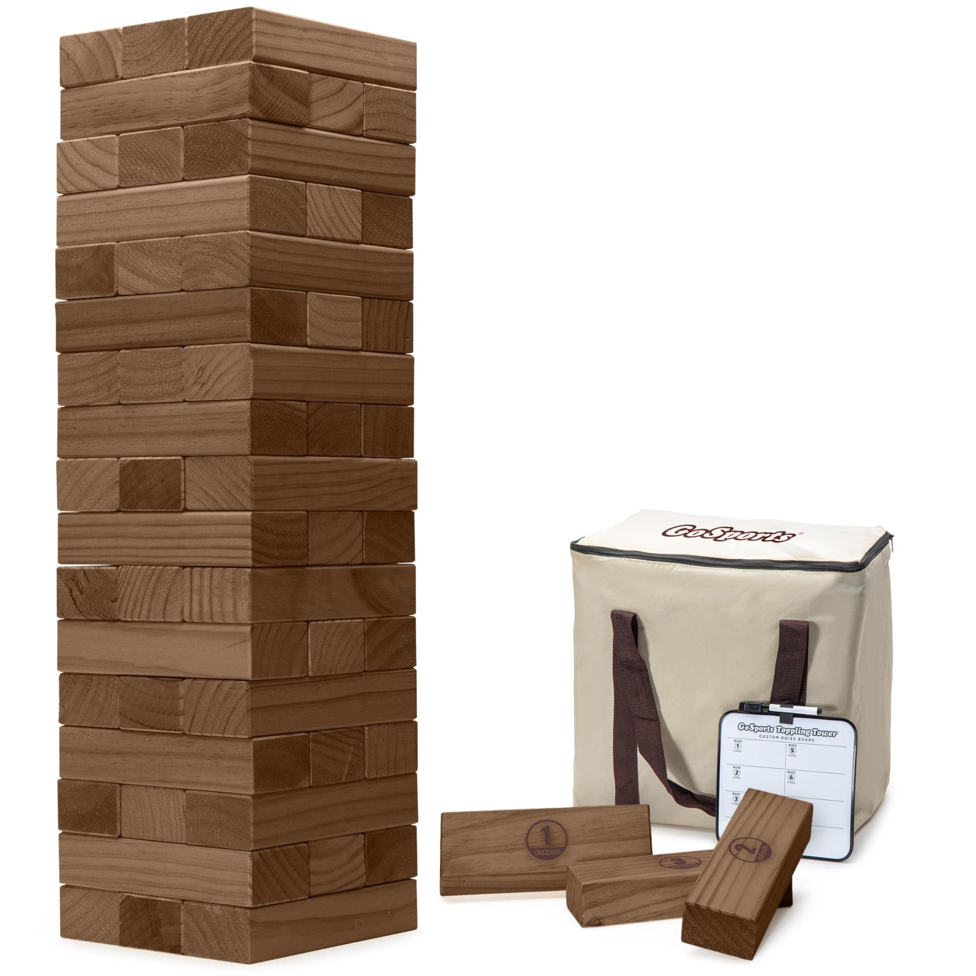 GoSports Large Wooden Toppling Tower - Stacks Up to 3 ft - Brown Wood Stain