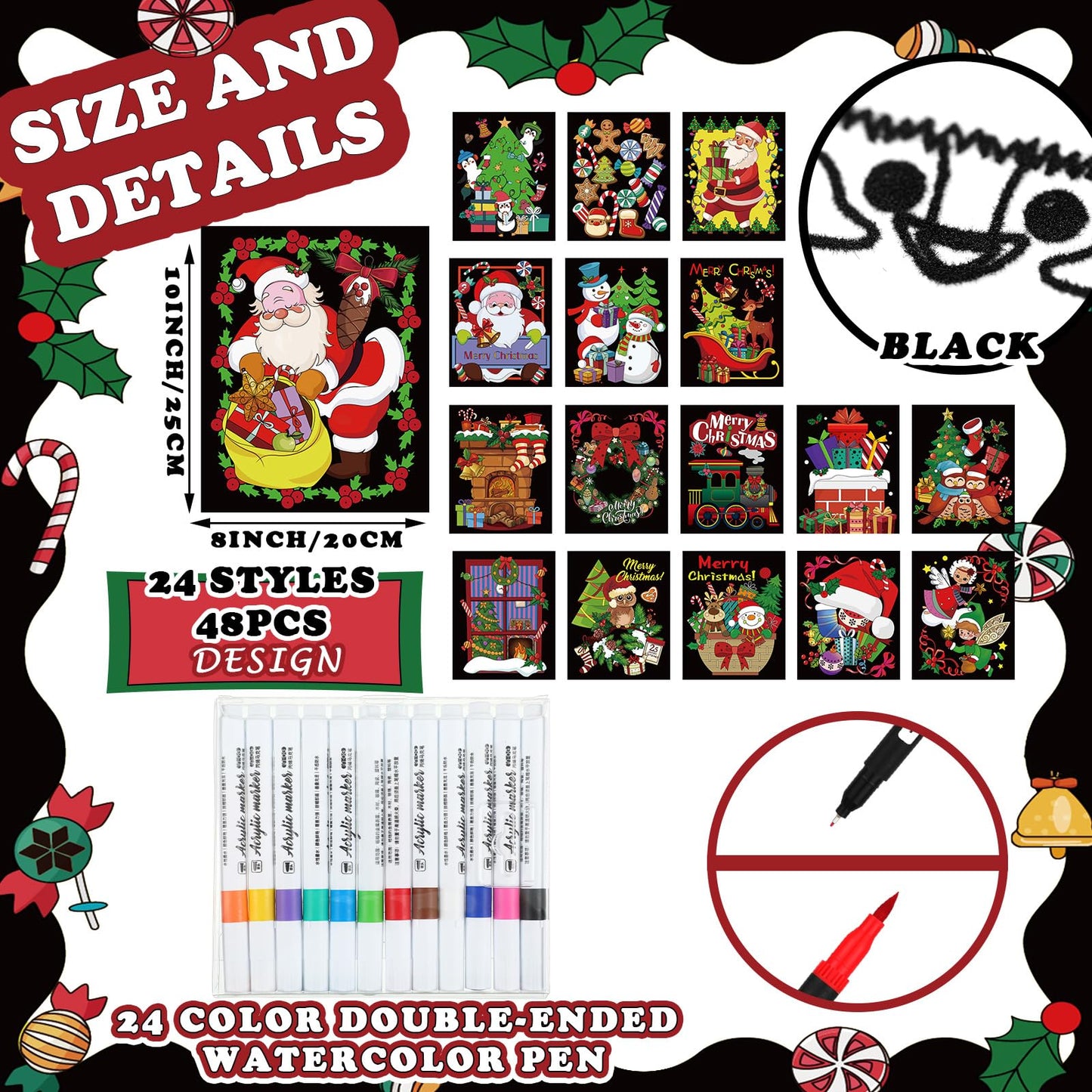 Zhanmai Pack of 48 Velvet Christmas Coloring Posters and Watercolor Pens Fuzzy Velvet Xmas Coloring Posters for Adults Teenagers