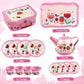 D-FantiX Pink Tin Tea Set for Kids - 15Pcs Toddler Tea Party Playset, Small Size, Includes Metal Teapots and Cups, Model AM-TG651-N-E