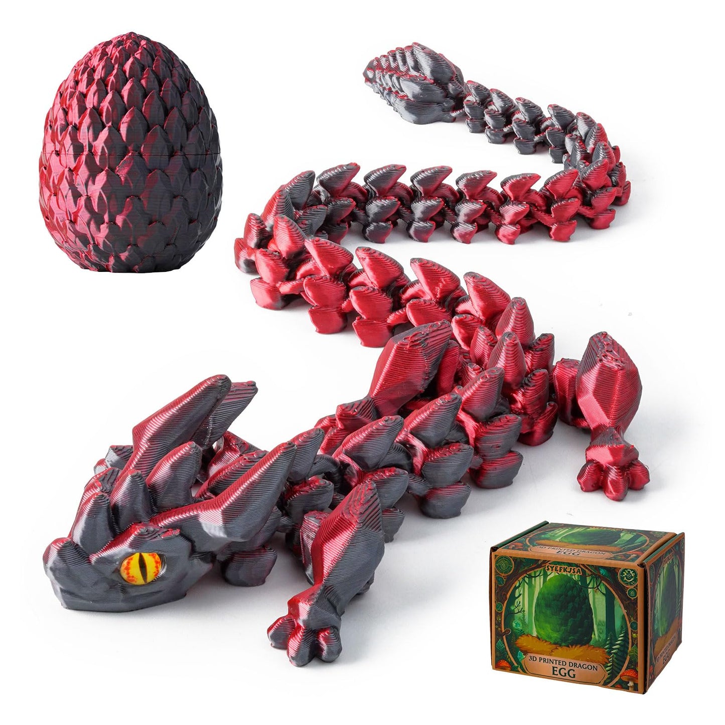 FYEFKJSA 3D Printed Dragon Eggs with Dragon Inside - 12Inch Articulated Fidget 3D Printed Animals  Interesting Decorative Gift  Easter Basket Essentials Stuffers (Black Red)