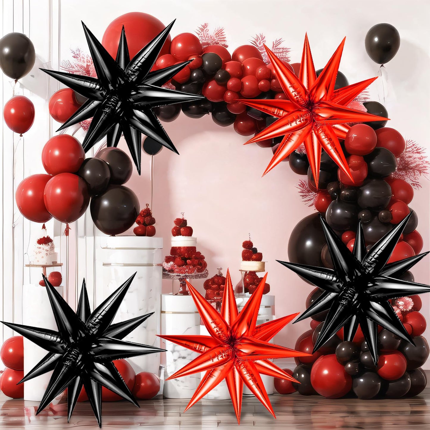 GCTWFYK 72 PCS Black Red Star Balloons, 26 Inch Metallic Foil Spike Balloons for Birthday, Halloween, Graduation, and Anniversary Decor