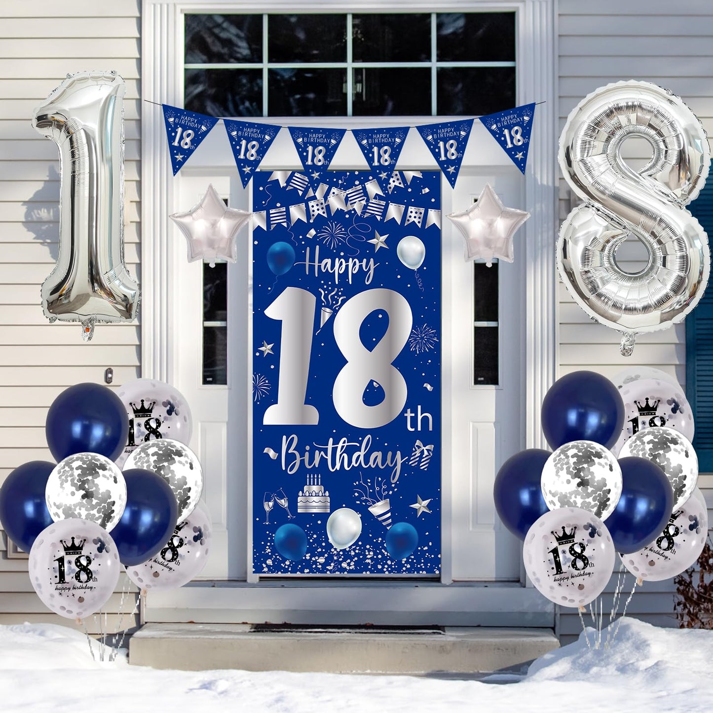 18Th Birthday Decorations For Boys Girls, Blue Silver Happy 18Th Birthday Decorations Door Banner, 32'' Number 18 Foil Balloon F