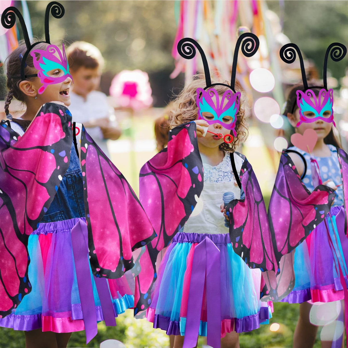 D.Q.Z Fairy Butterfly-Wings Costumes For Girls Dress Up Clothes Rainbow Tutu Mask Headband Role Play Toys For Girl 3-8 Gift (Rose)