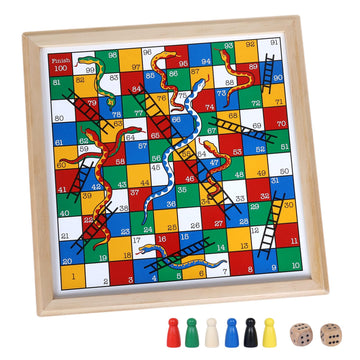 Gothink Wooden Snakes And Ladders Game - Educational Board Game For Kids And Adults - Includes Counters & Dice