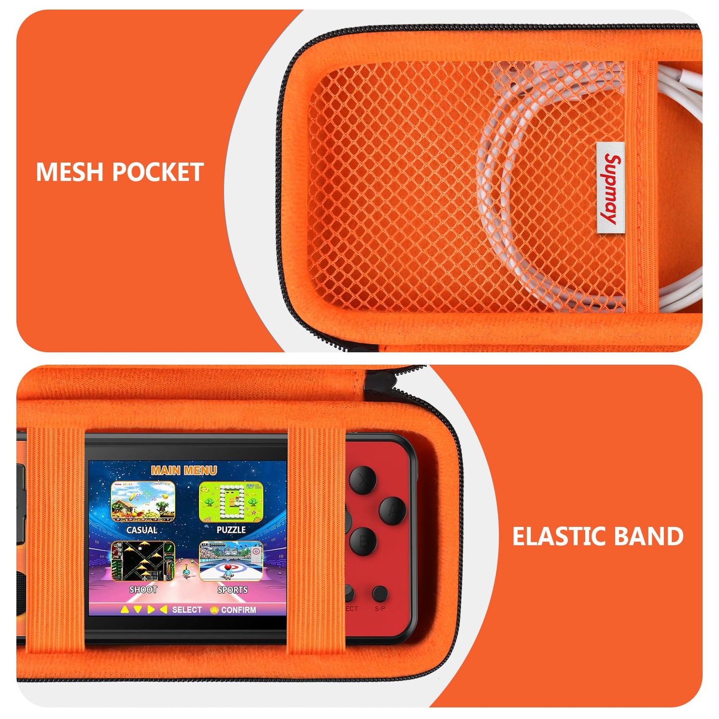 Supmay Carrying Case Compatible with KAVOYI/Beico/TEBIYOU 32 Bit Handheld Games for Kids  Portable Arcade Gaming Player Storage Holder Travel Bag with Mesh Pocket for Battery  USB Cable  Black+Orange
