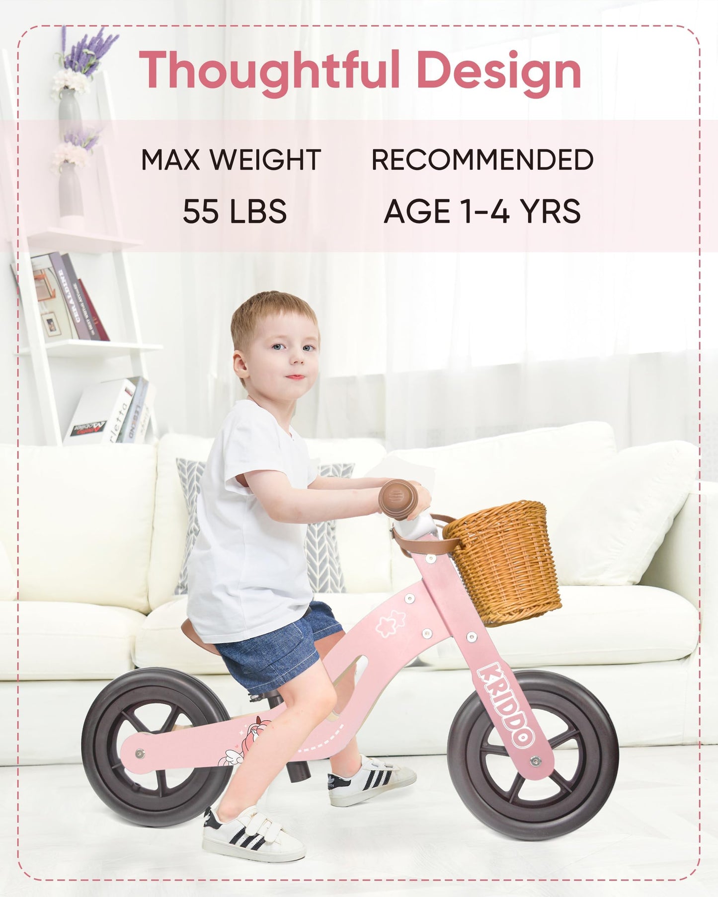KRIDDO 2 in 1 Wooden Kids Tricycle and Balance Bike for 1-4 Years Old, No-Pedal Tricycle and Toddler Balance Bike with Basket an