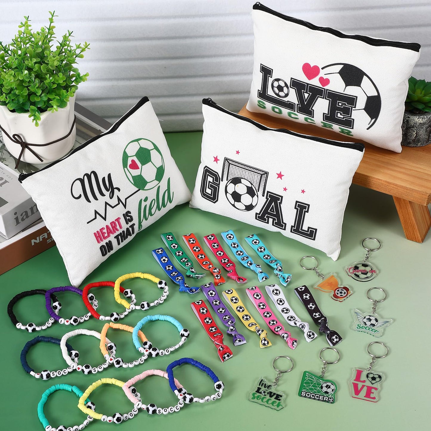 Baderke 72 Pcs Soccer Accessories Gifts Include 12 Make up Bags 12 Mirrors 12 Acrylic Keychains 12 Bracelet 12 Scrunchies 12 Hai