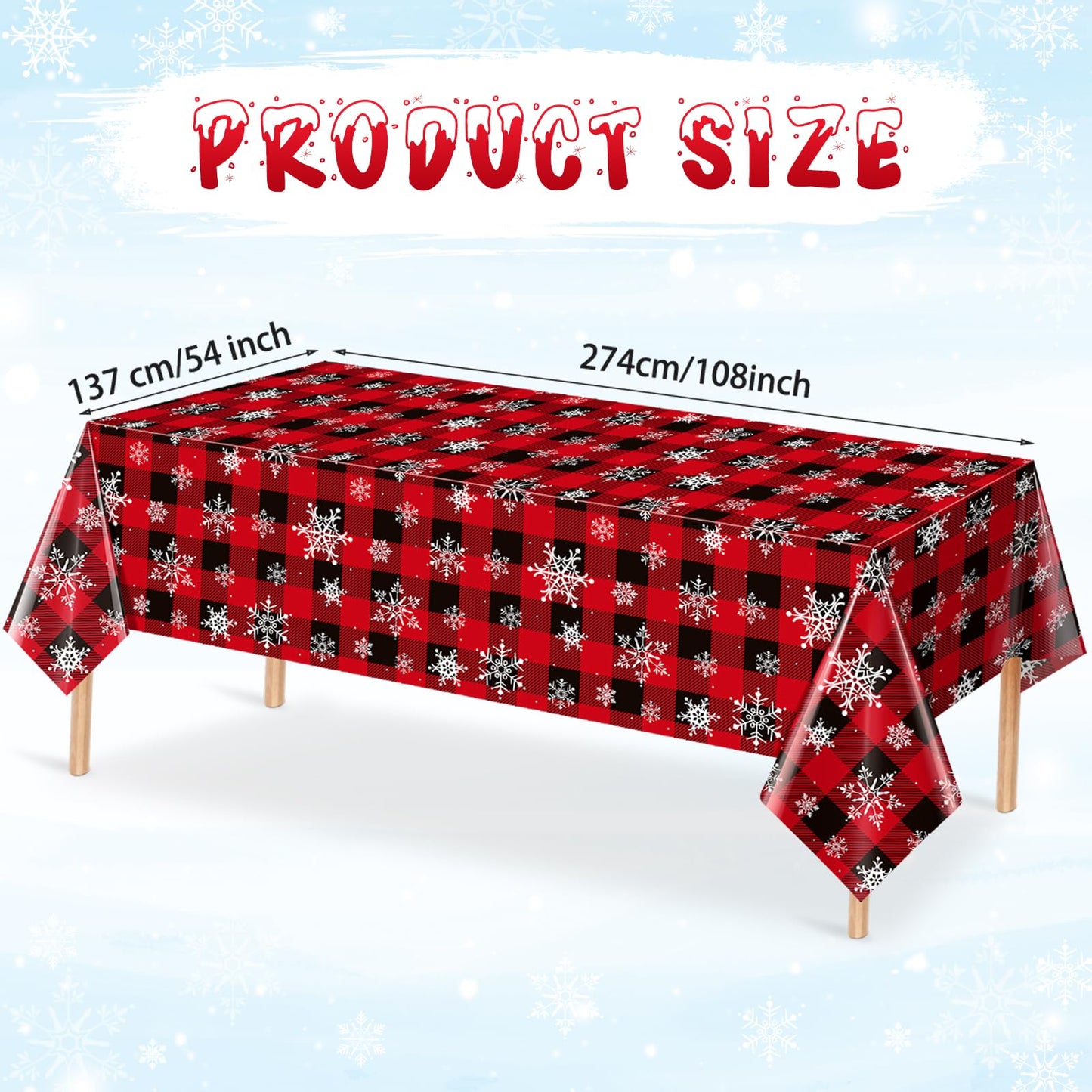 3 Pieces Red and Black Buffalo Plaid Merry Christmas Party Tablecloth Decorations,Plastic White Snowflake Buffalo Plaid Sign Tab