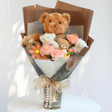 Cute Bear Bouquet - Handmade Plush Bear Bouquet With Cute Soap Flower For Any Occasions, Birthday, Bridal Shower, Graduation Etc