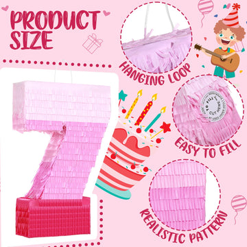 Sratte Number Piñata Pink Piñata Birthday Decorations Gradient With Stick Blindfold Confetti For Girls Boys Birthday Anniversary Party Decorations Supplies(Number 7)