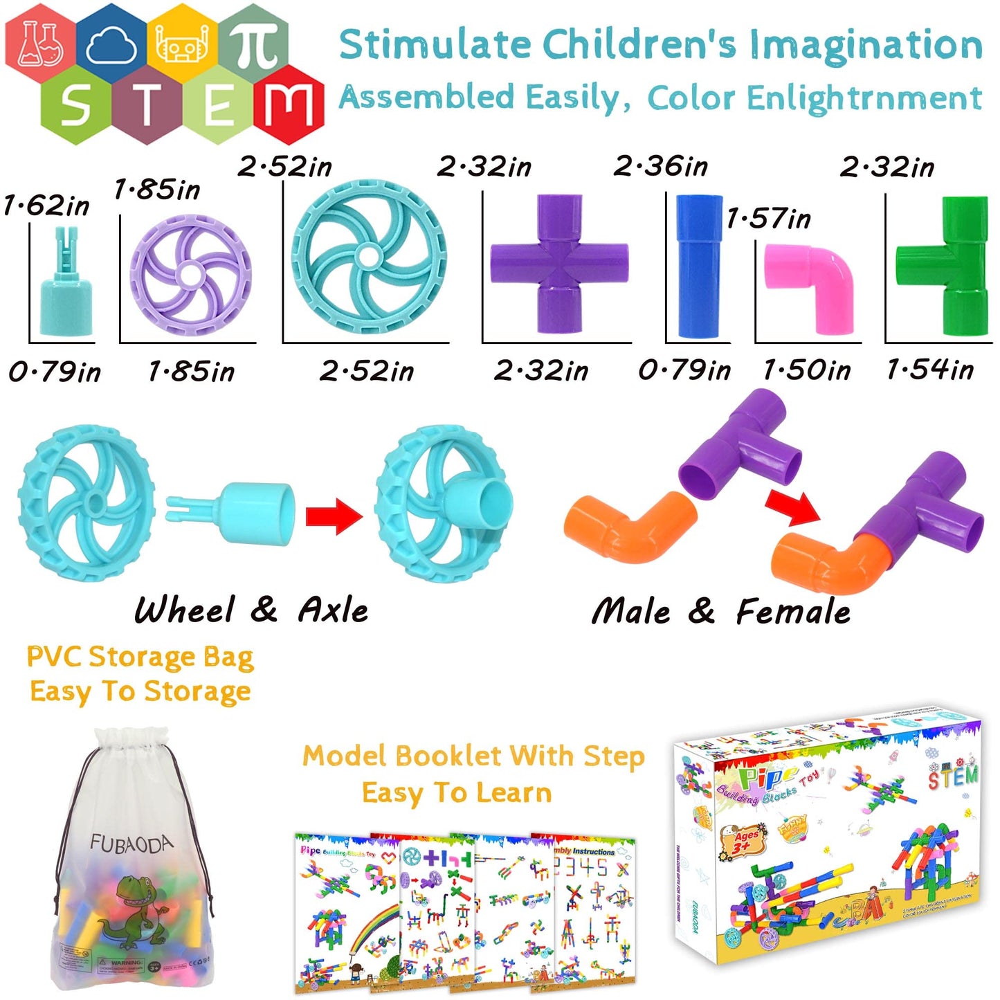 FUBAODA 96 Pcs STEM Learning Pipe Tube Toys - Multicolor Building Blocks Set with Wheels, Spouts & Joints for Kids Ages 3+