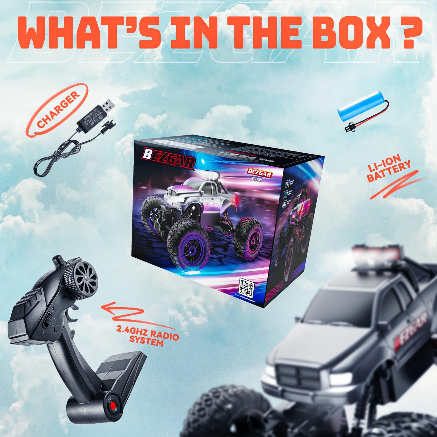 BEZGAR 1:14 Scale All Terrain Electric RC Truck - Waterproof Monster Truck for Kids with 2.4GHz Remote and Rechargeable Battery,