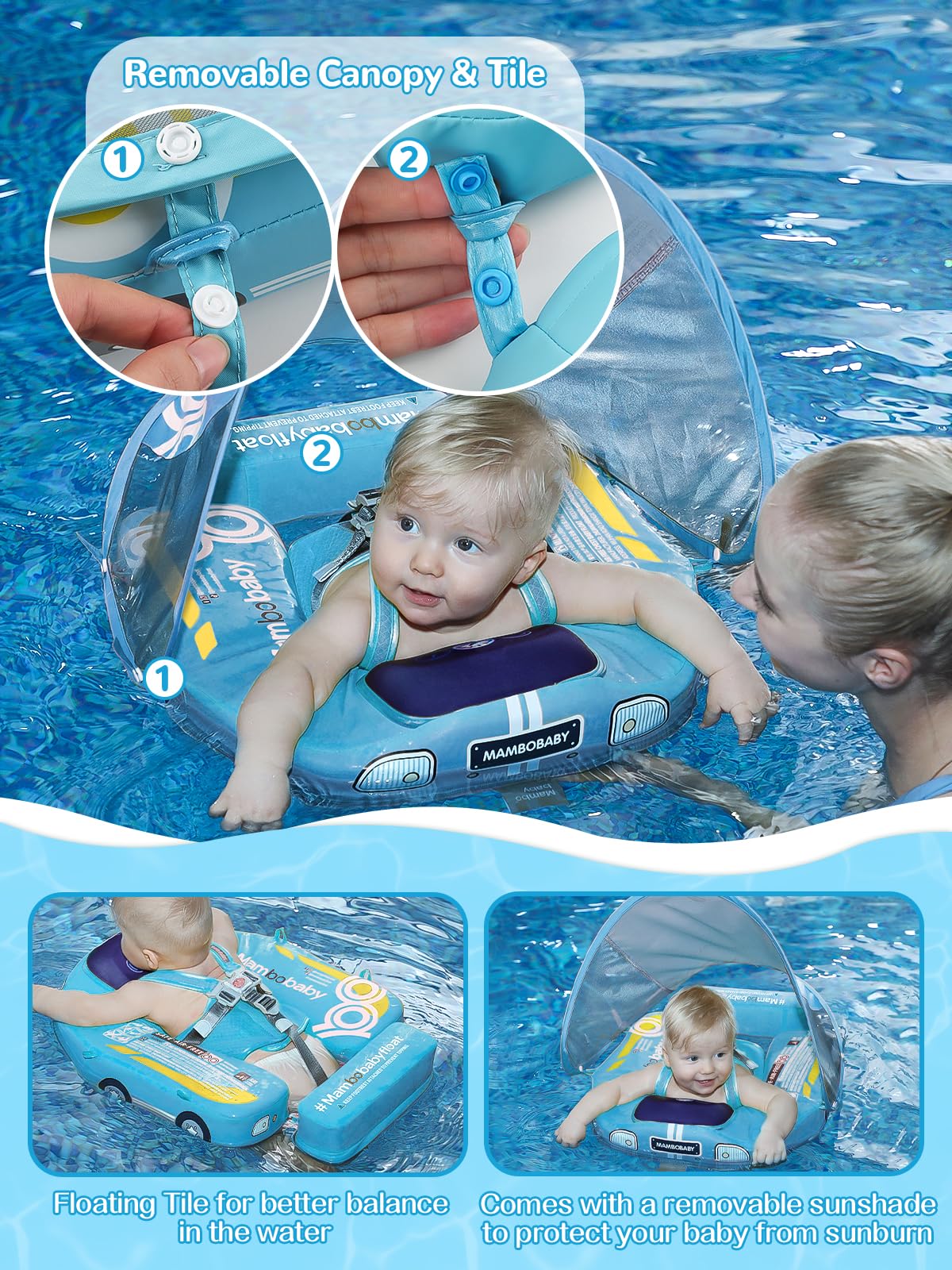 Mambobaby Baby Pool Float with Canopy  Kalolary Non-Inflatable Baby Swim Float Infant Swim Trainer Ring Toddler Pool Float with Adjustable Strap & Tile for 3-24 Months Age Boys Girls (Blue Car)