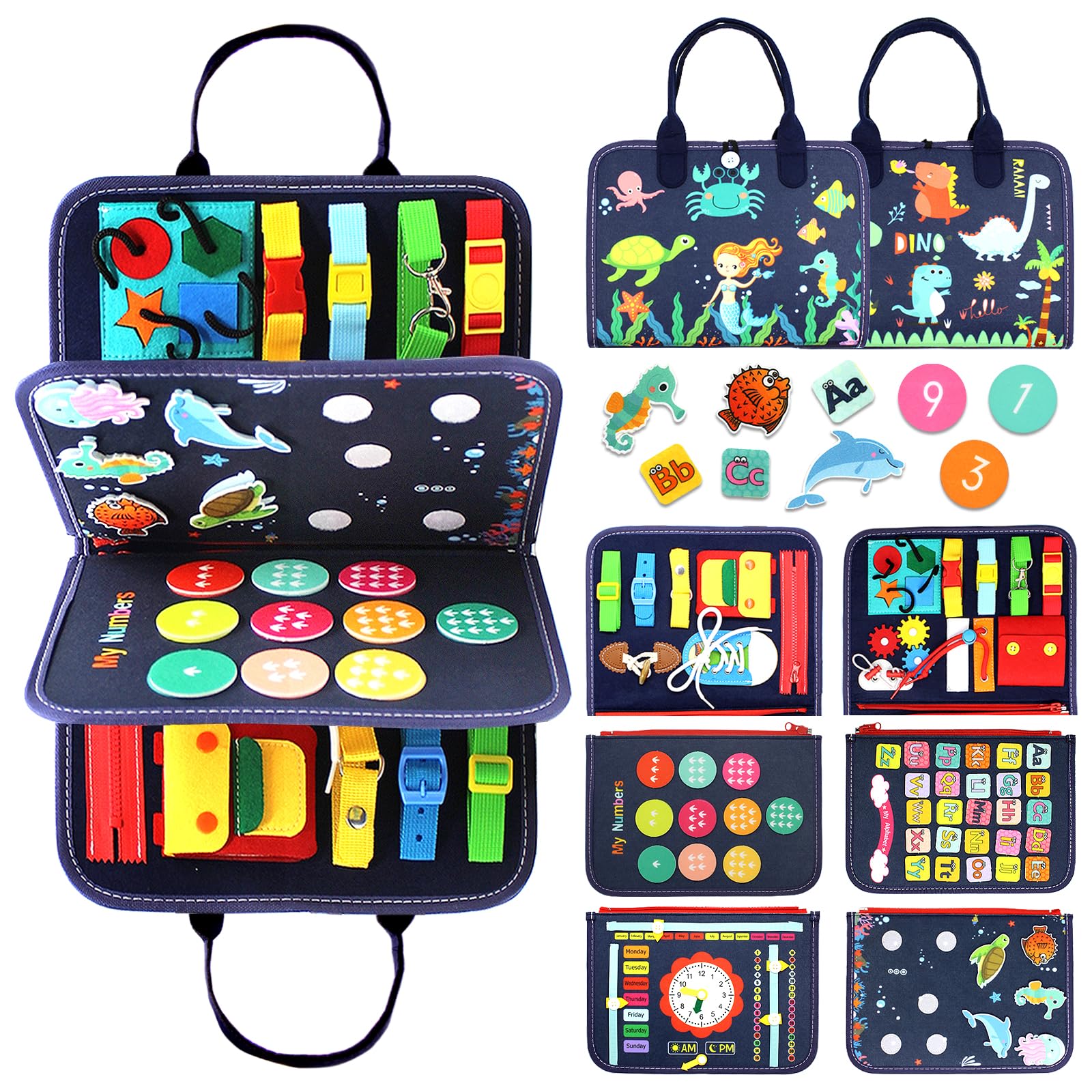 Qizfun Busy Board Montessori Toy for 1 2 3 4 Years Old, Educational Activity Sensory Board Preschool Learning Fine Motor Skills 