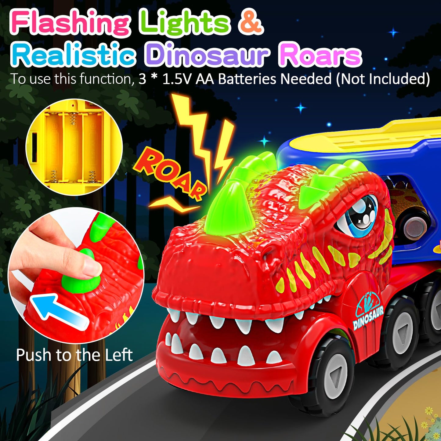 ENJSD 5-in-1 Toy Trucks for Boys 2-3 Years, Friction Powered, Red, Includes 4 Dinosaur Toy Cars, Flashing Light & Sound, Model G0111