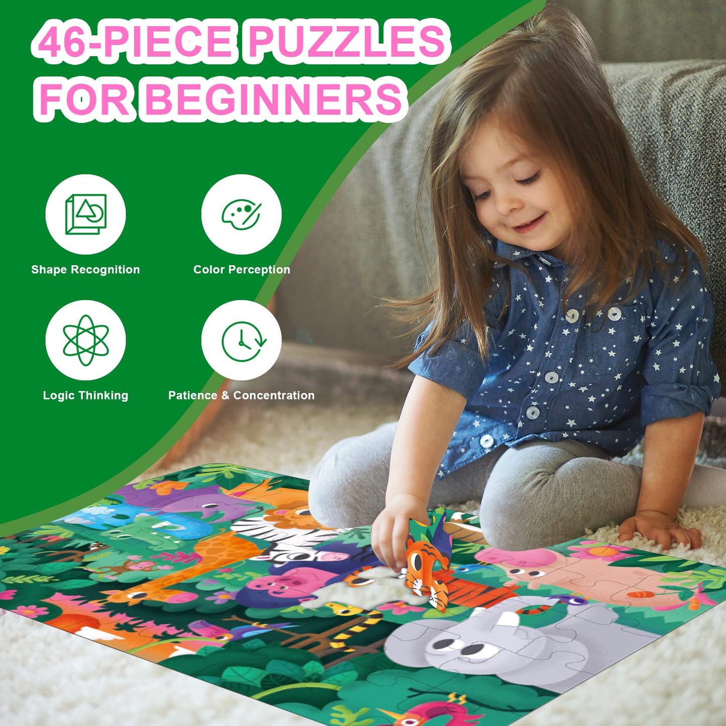 Taozi&Lizhi Jumbo Jigsaw Puzzles, Jungle Animals, Large Floor Puzzle For Kids Ages 3-5, 4-8, Christmas Toddler Puzzles With Hand