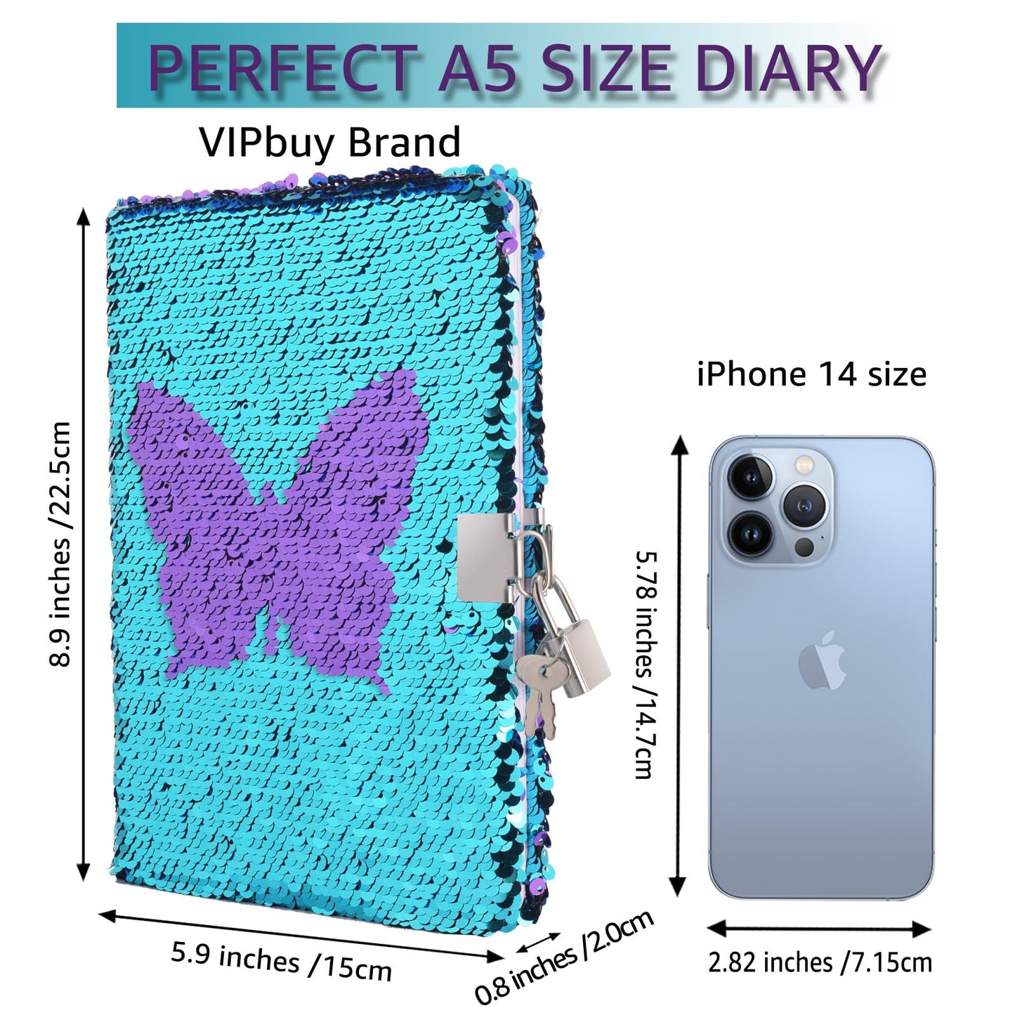 Vipbuy Magic Reversible Sequin Notebook Diary Lined Travel Journal With Lock And Key For Women Girls, Size A5 (8.5” X 5.5”), 78 Sheets (Butterfly Diary)