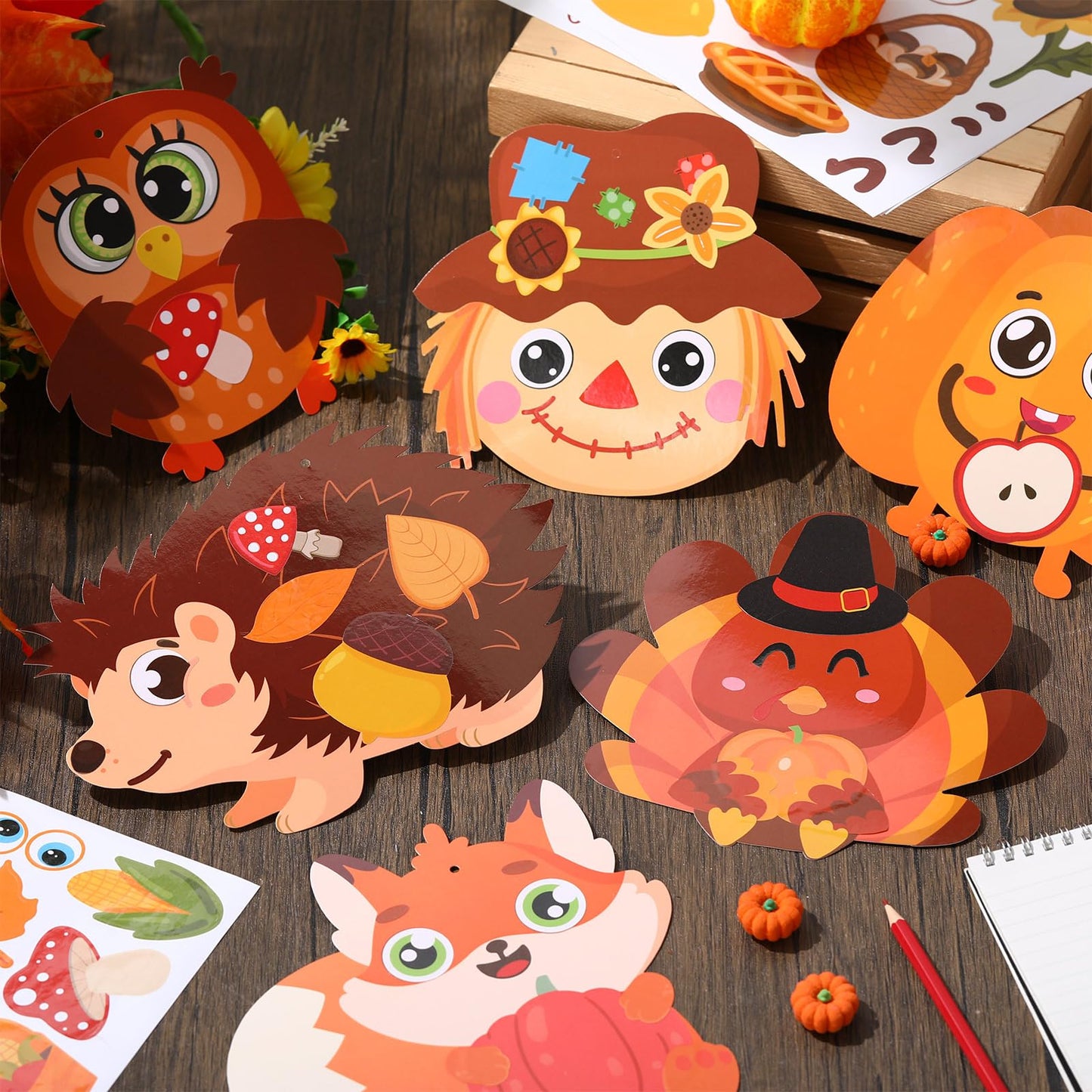Pasimy 24 Sets Thanksgiving Crafts Kits DIY Fall Autumn Ornaments Turkey Scarecrow Pumpkin Owl Sticker Crafts Autumn Harvest Cra