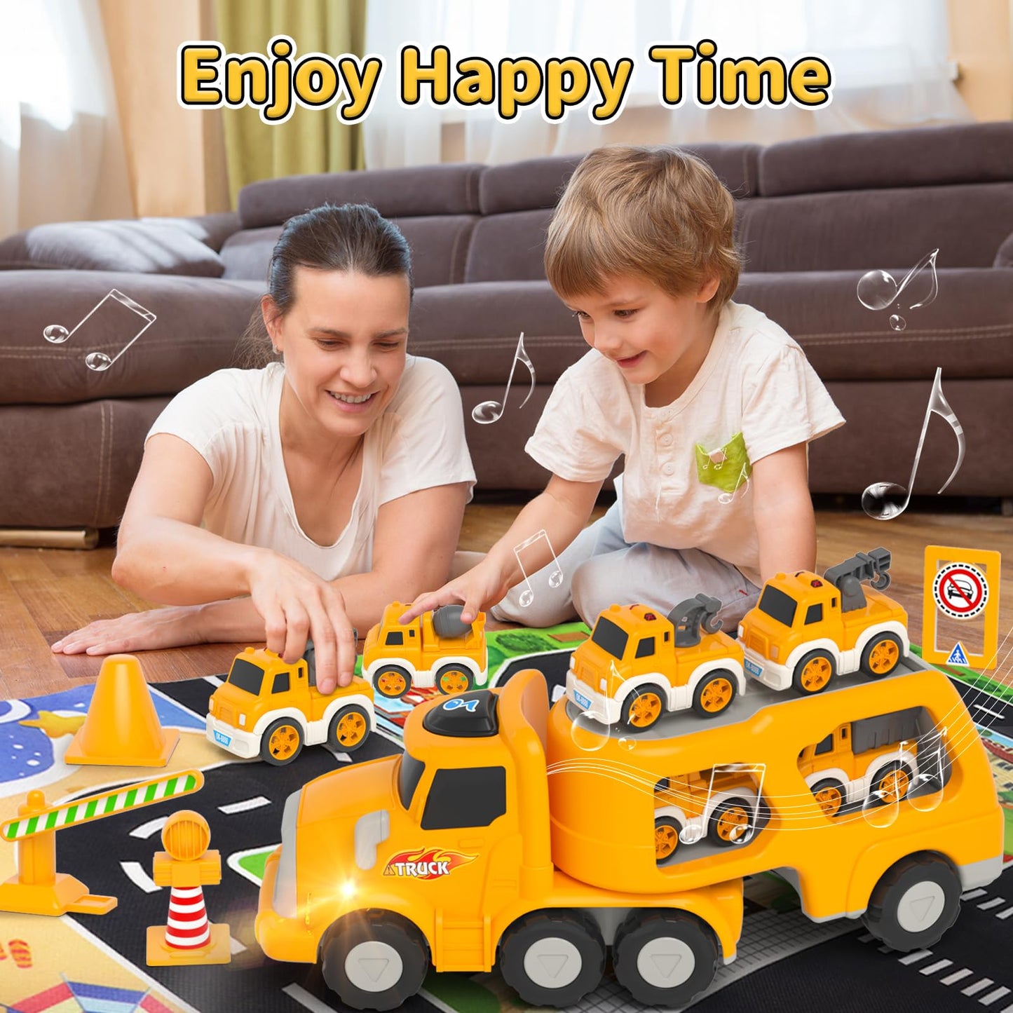 Newcrave Toddler Toys for 2 3 4 5 Year Old Boys, 8 in 1 Construction Trucks Vehicle Playset with Play Mat, Construction Truck To