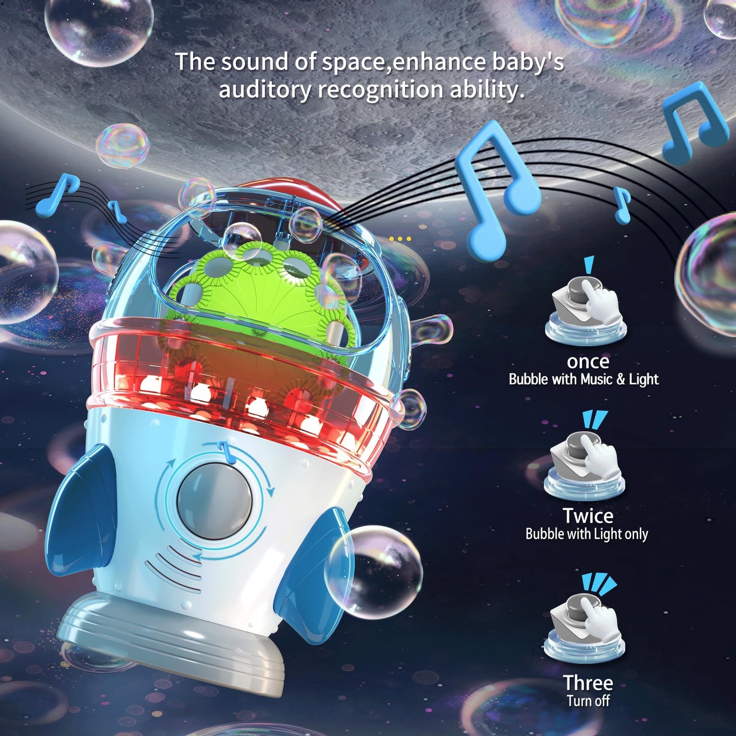 Bubble Machine  Automatic 360 Rotatable Rocket Bubble Blower Machine with 2 Fans Lights Music for Kids Toddlers 1-3 Bubble Maker Machine for Indoor Outdoor Wedding Party Birthday Gifts