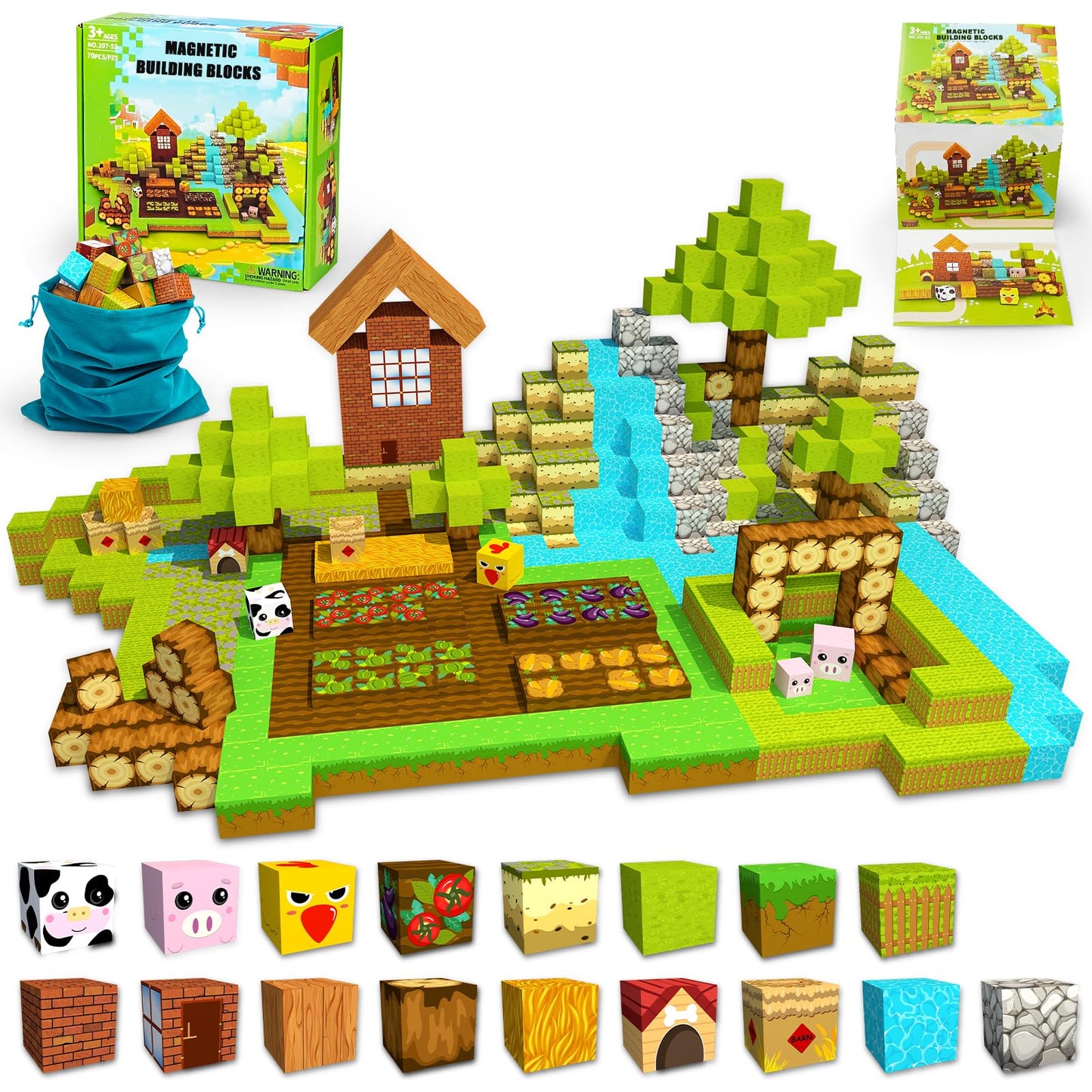 Planeko Magnetic Blocks Building Toys 70Pcs 1'' Magnet Blocks Farm Magnetic Toys For Kids 4-8 Stem Sensory Montessori Toys For T