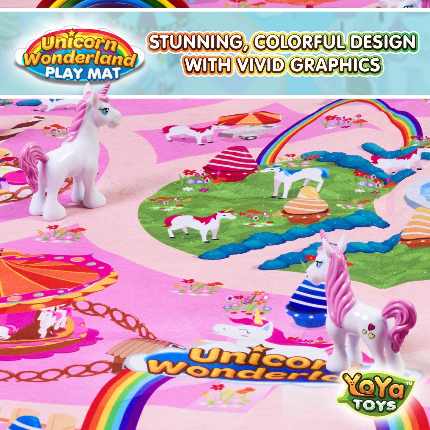Yoya Toys Unicorn Playmat - Pretend Play Set For Kids - 8 Pcs Unicorns And Rainbows Figures - Educational Imaginative Activity Rug Toy - Floor Mat Playset Gift For Girls 3 4 5 6 7 8 Year Old Toddlers