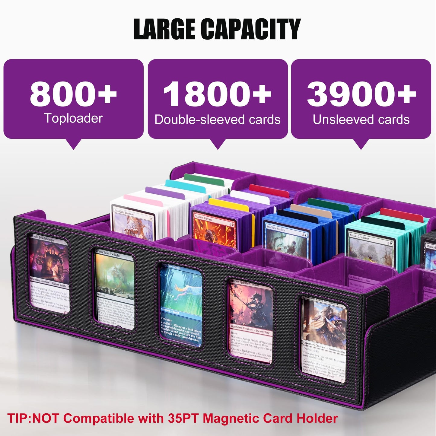 Trading Card Storage Box with Commander Display   5-Row Deck Case with Removable Lid; 3900+ Card Deck Box for MTG TCG Sports Card  5 Toploaders  5 Stoppers  48 Dividers 1 Dice Tray (Black Purple)