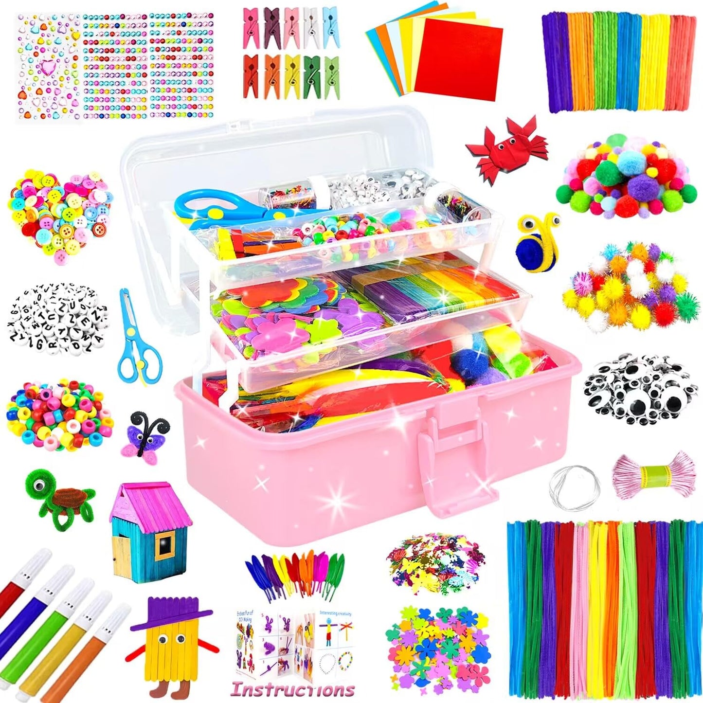 3000 Arts and Crafts Supplies for Kids Craft Kit All in 3 Layered Craft Box with Pipe Cleaners Crafts for Kids Age 4-6, 6-8, 8-1