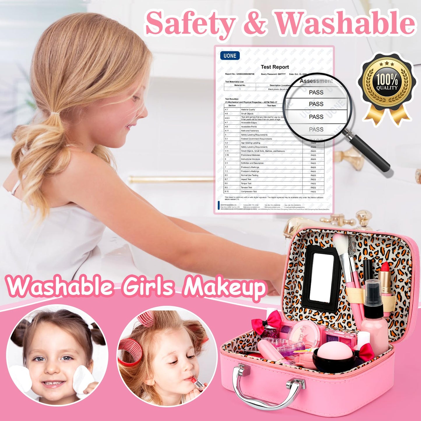 Flybay Kids Makeup Kit - Washable Makeup Set for Girls, Pink, Model Flybay-Makeup-02, Ideal for Ages 4-8, Great Gift for Birthdays & Christmas
