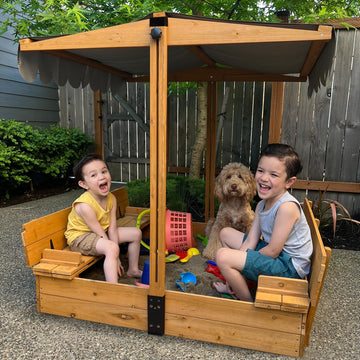 Gutinneen Sandbox With Lid And Cover For Kids Outdoor With 2 Foldable Bench Seats, Adjustable Canopy And Sand Protection Liner,
