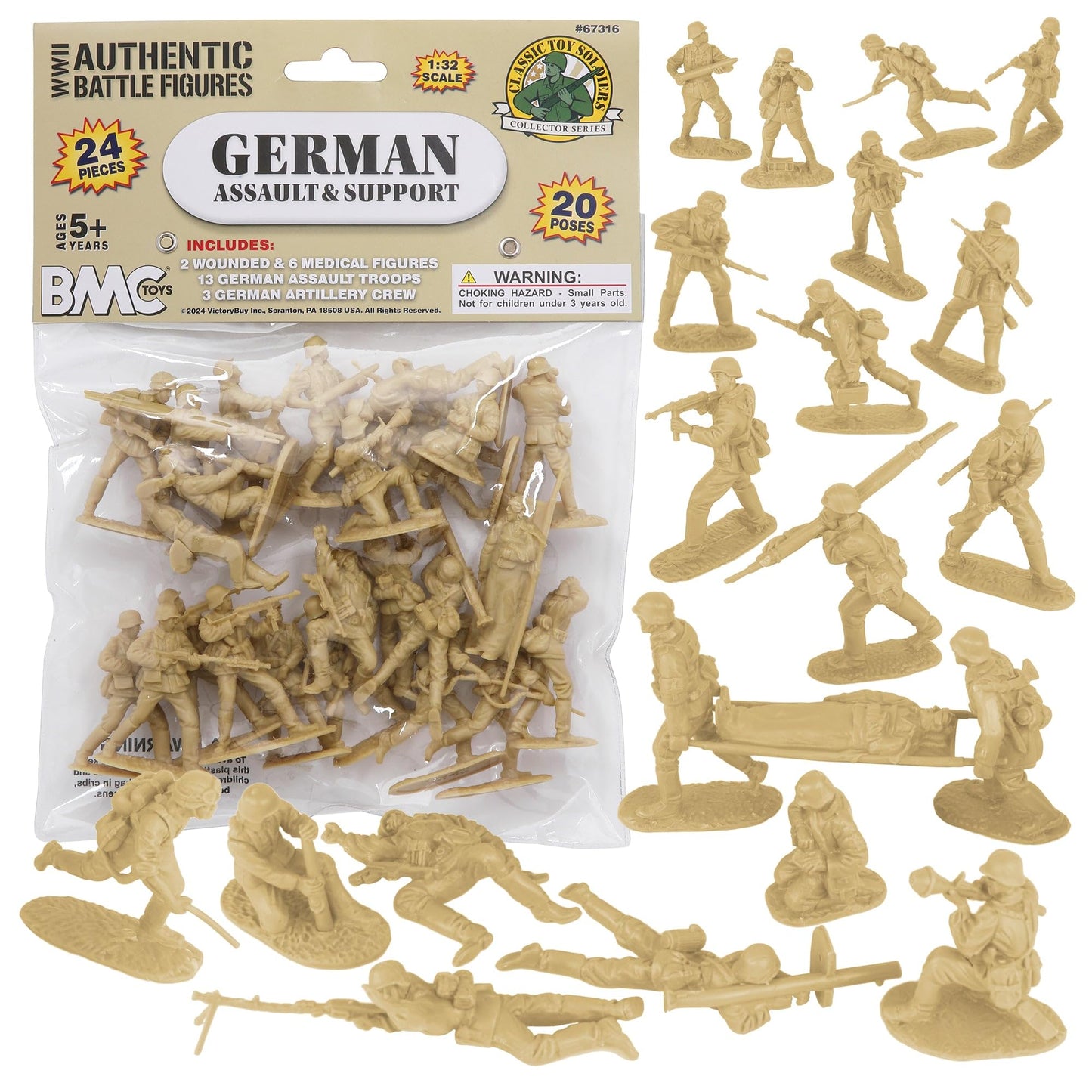 Bmc Cts Ww2 German Assault & Medics Plastic Army Men - 24Pc Tan Soldier Figures