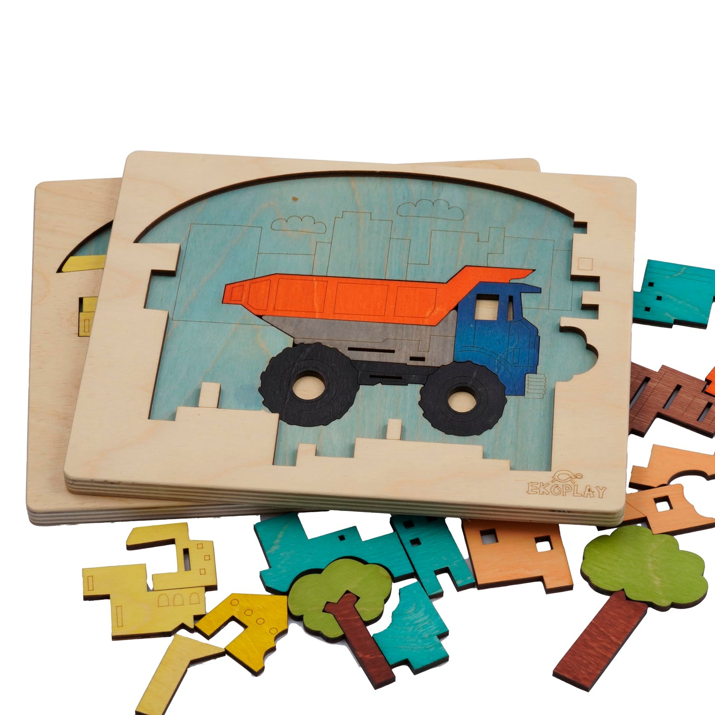 Ekoplay’S Multi Layered Wooden Puzzles For Kids, 23 Piece Jigsaw Puzzle For School Kids, Learning Educational Toys Gifts For Boys Girls. Construction Puzzles Sets, City Construction.