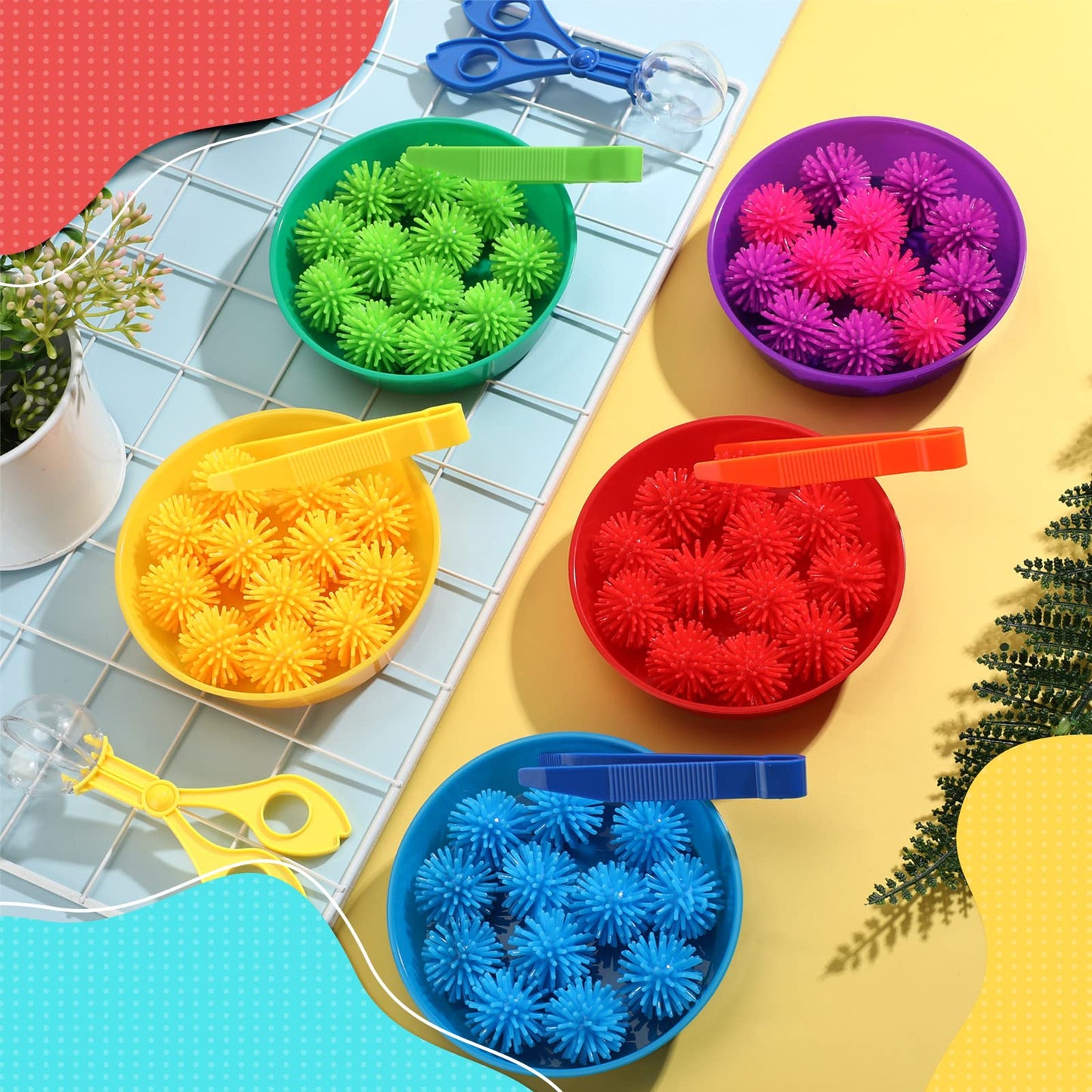 Leitee 71 Pcs Fine Motor Toys Counting Sorting Sensory Bin Filler, 60 Hedge Balls 4 Tweezers 2 Scissors Clips 5 Cups For Boys Girls Early Education And Sorting Counting Training Development
