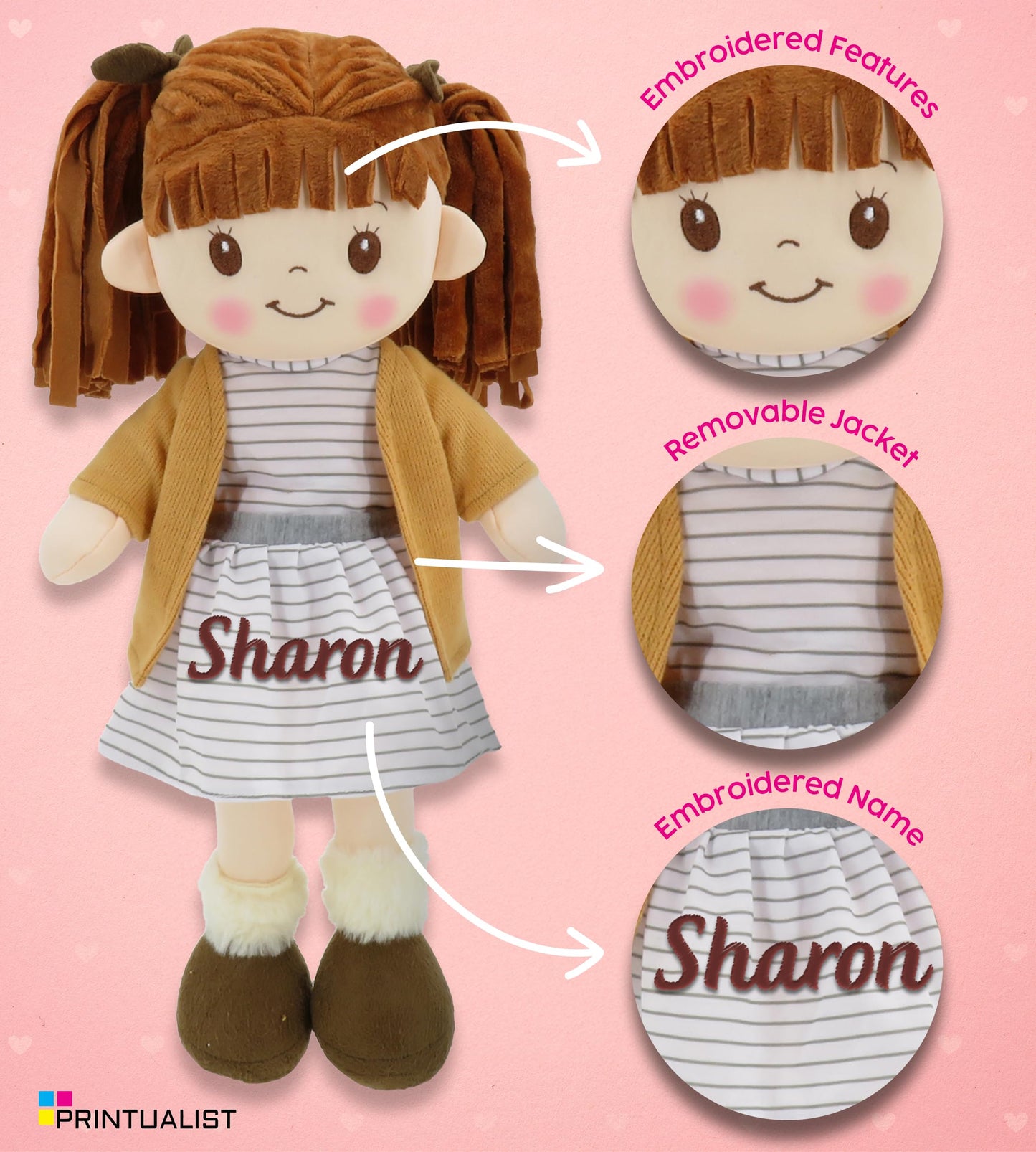 Personalized Rag Dolls for Girls - Custom 16 Inches Soft Plush Snuggle Baby Doll for Toddlers Stuffed Toys - Muecas de Trapo Personalizadas para Nias - Gray Striped Dress with Cardigan