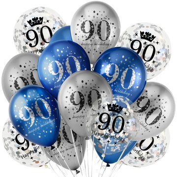 UniBirthLon 18pcs Birthday Balloons Set - Navy Blue & Silver, Rubber, 90th Birthday Decorations with Confetti for Men & Women