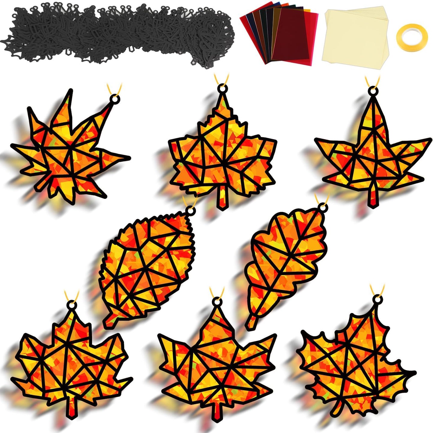 32 Sets Thanksgiving Fall Maple Leaf Suncatchers Craft Kit DIY Window Stained Glass Effect Autumn Maple Leaf Paper Crafts Home S
