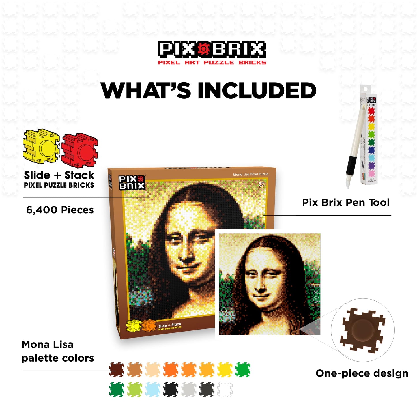 Pix Brix Pixel Art Puzzle Bricks - Mona Lisa, 6,400 Pieces - Patented Colorful Building Bricks To Recreate This Famous Print, Create Builds Without Water, Iron Or Glue