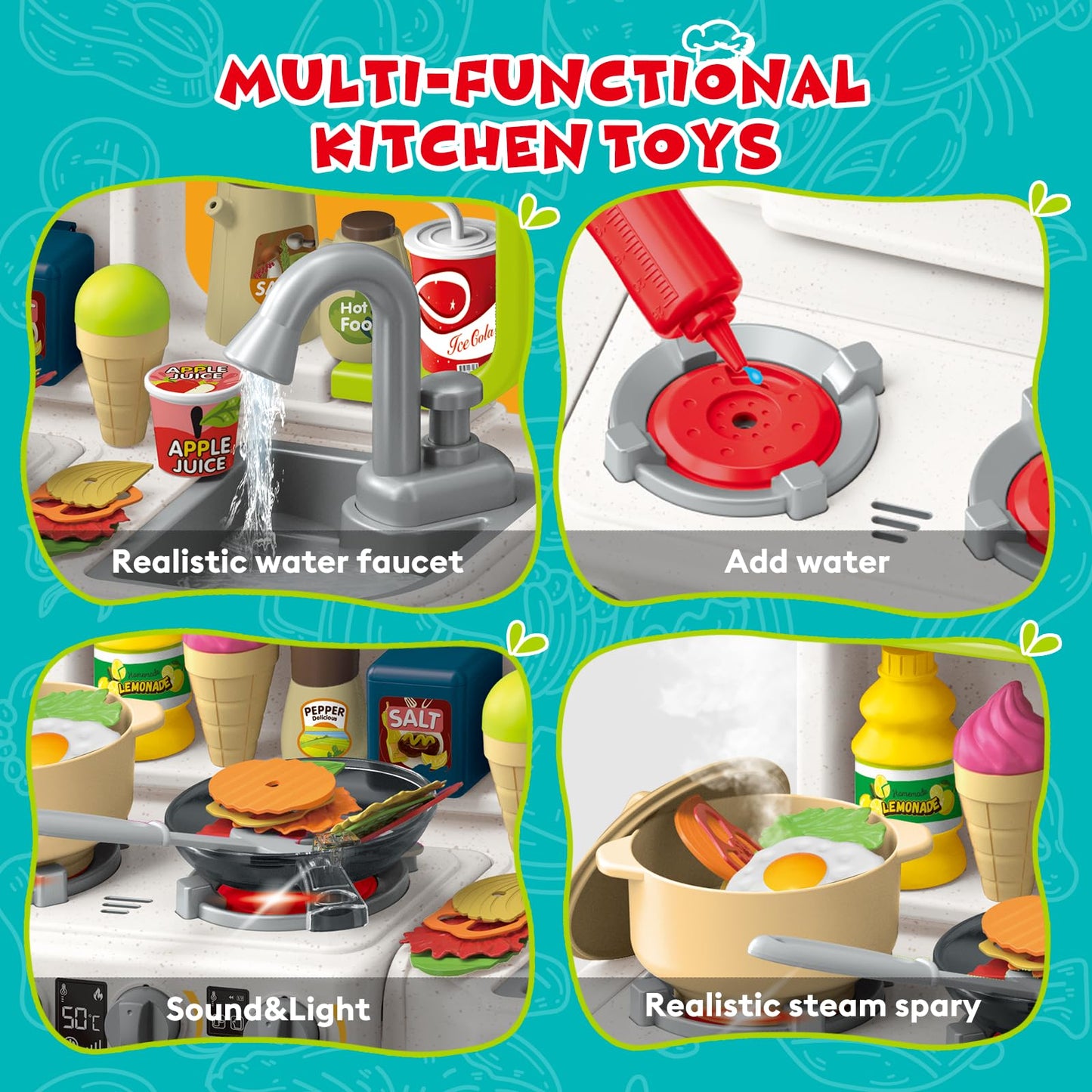 Kids Kitchen Playset,Play Kitchen for Kids Toddler with Sounds and Lights, Cooking Stove Steam,Play Sink,Play Food and Kitchen A