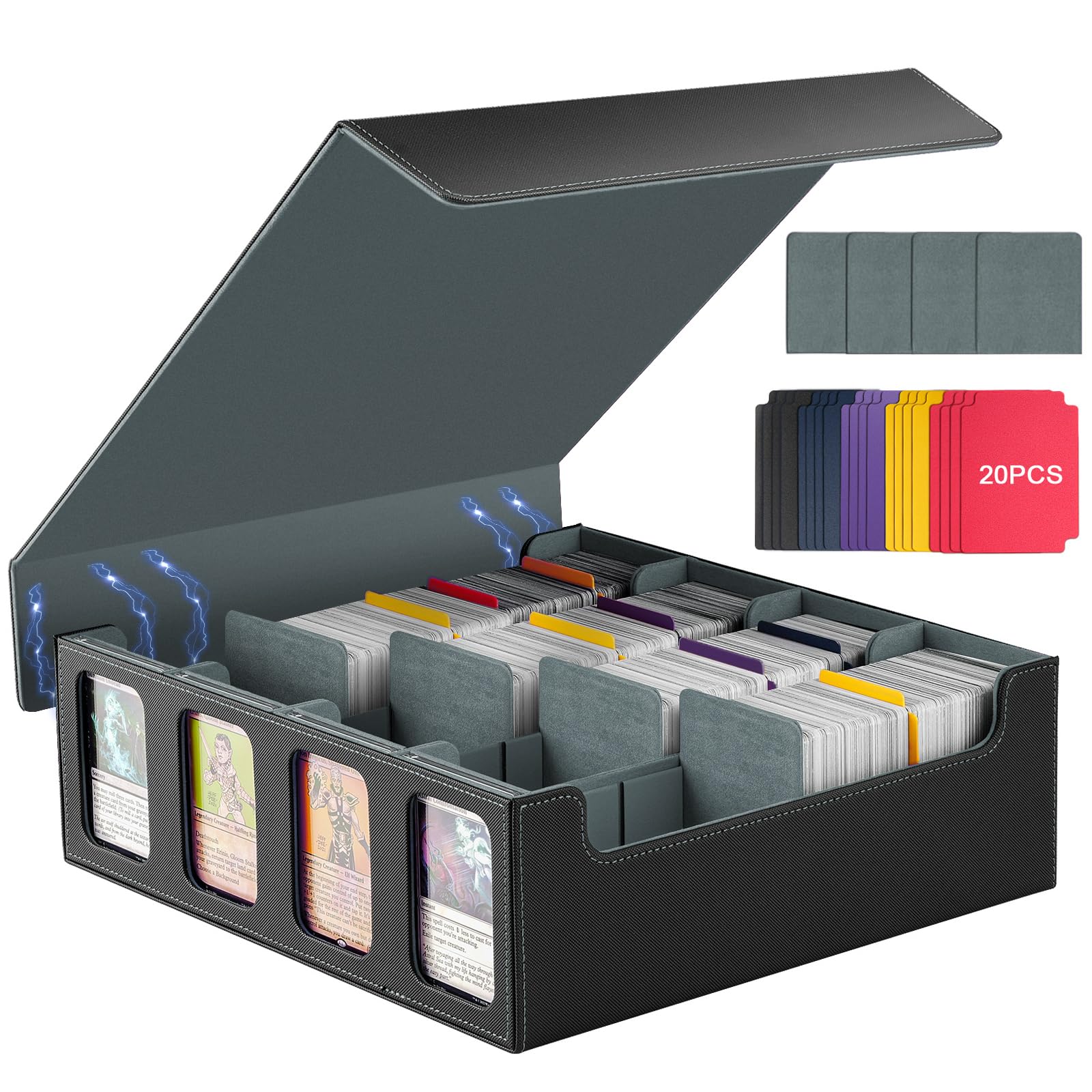 TiMOVO MTG Deck Box  Magnetic Trading Card Storage Case Holds 3000+ Sleeveless Cards with 20 Colorful Dividers & 4Pcs Card Supporters  4 Rows Commander Card Deck Box for Magic Game Cards  Black + Grey