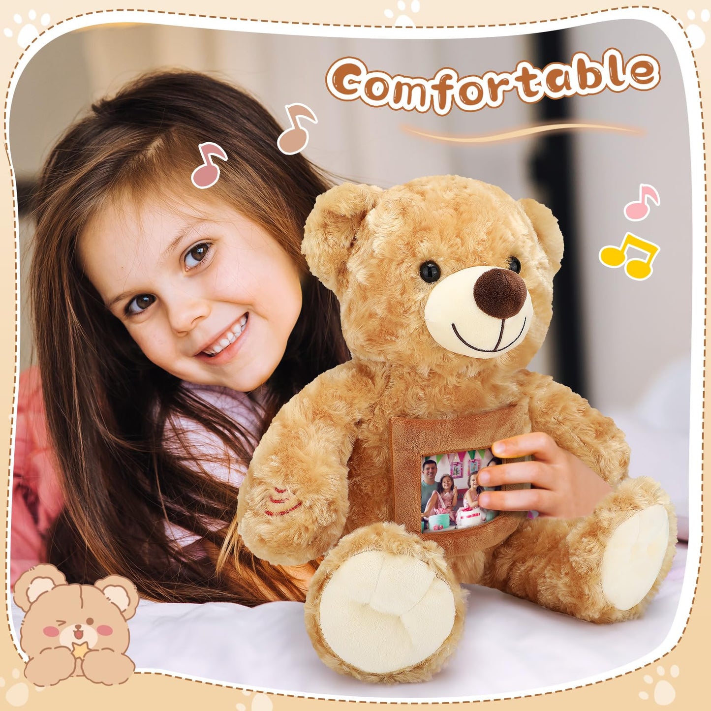 Leyndo Bear With Voice Recording Remembrance Stuffed Animal With Picture Recordable Messages Memorial Toy For Baby Shower Birthday Gift, Recording Gifts(Brown, 18 Inch)