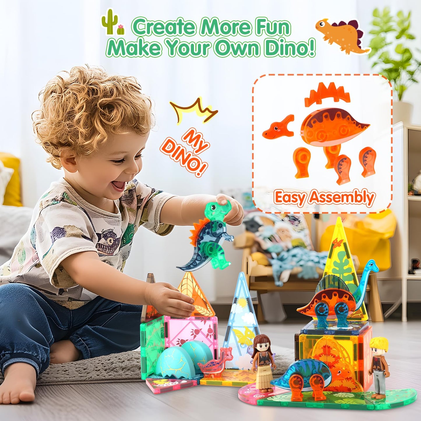 Dinosaur Toys Magnetic Tiles, Valentines Day Gifts For Kids, 3D Movable Dinos Magnetic Building Blocks For Kids 3-5 5-7 Stem Edu