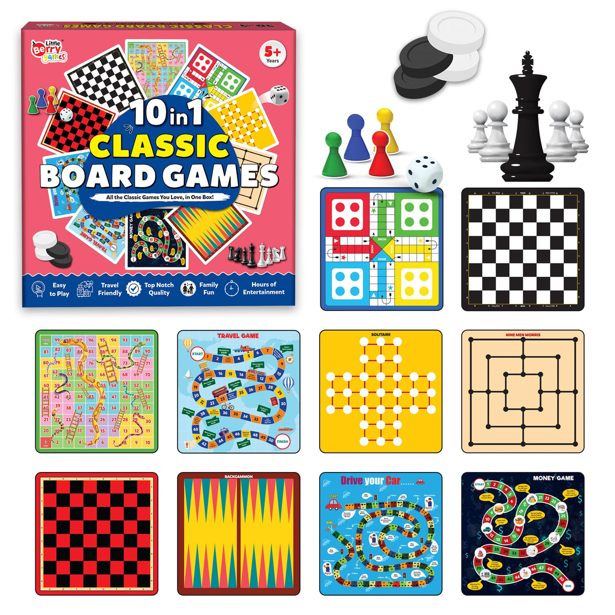 Little Berry 10 in 1 Classic Board Games Set for Kids & Family | Includes Ludo, Chess, Snakes & Ladders, Checkers, Backgammon & 